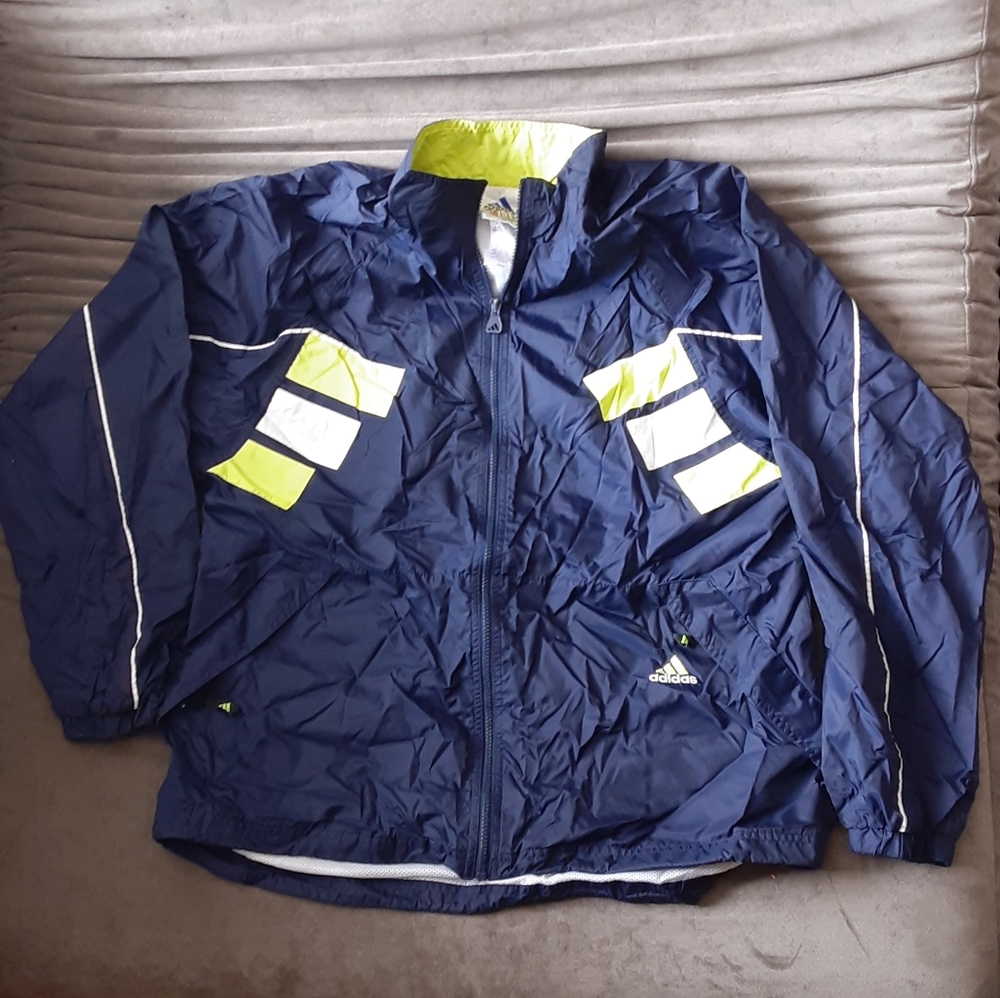 VTG Adidas Windbreaker Jacket Men's Size Medium Navy Blue Volt EUC Big Logo